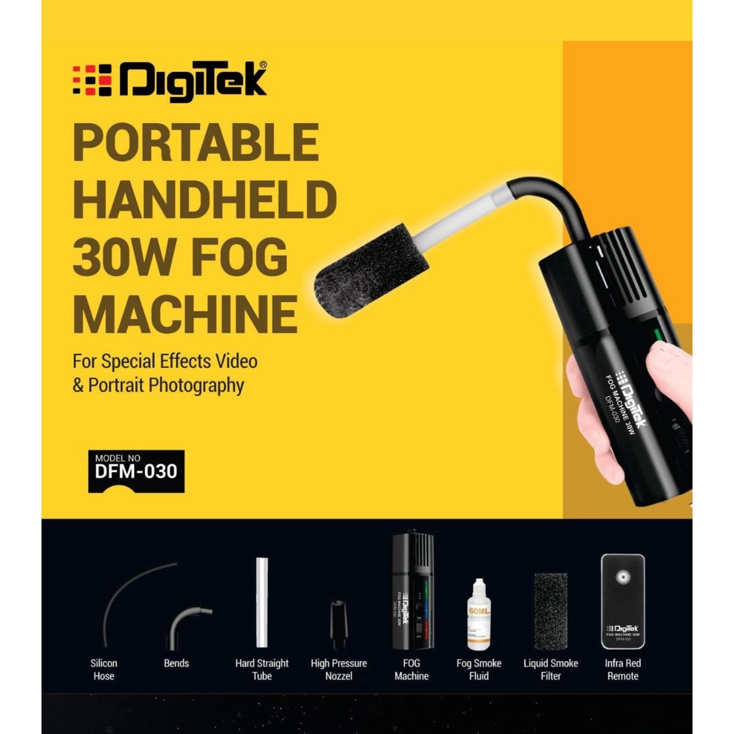 Portable handheld 30W fog machine on product box, with sponge nozzle and handle