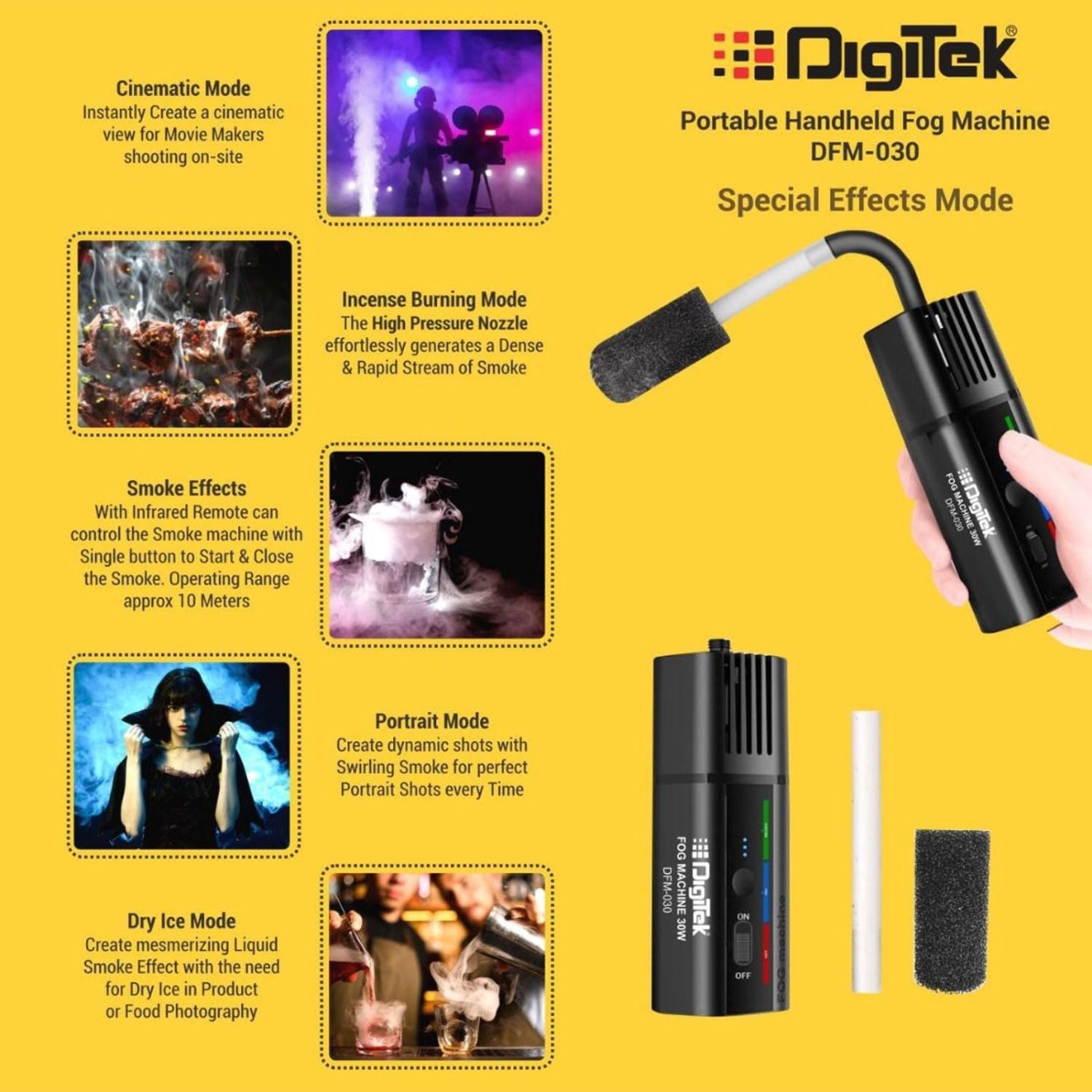 Handheld fog machine shown with side vents and control panel, plus sponge nozzle