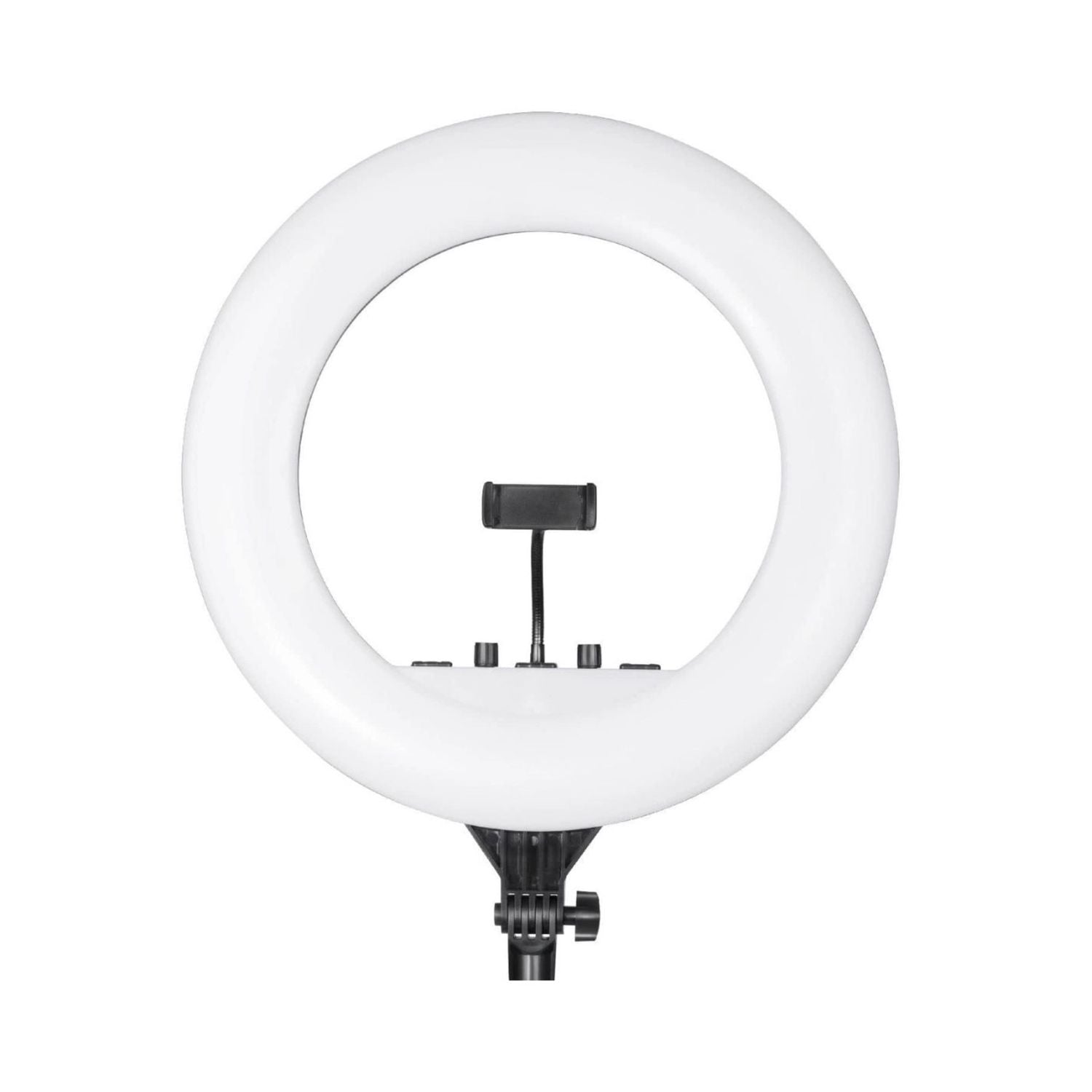 Platinum LED ring light with circular white light panel and central phone holder