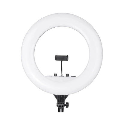 Platinum LED ring light with circular white light panel and central phone holder