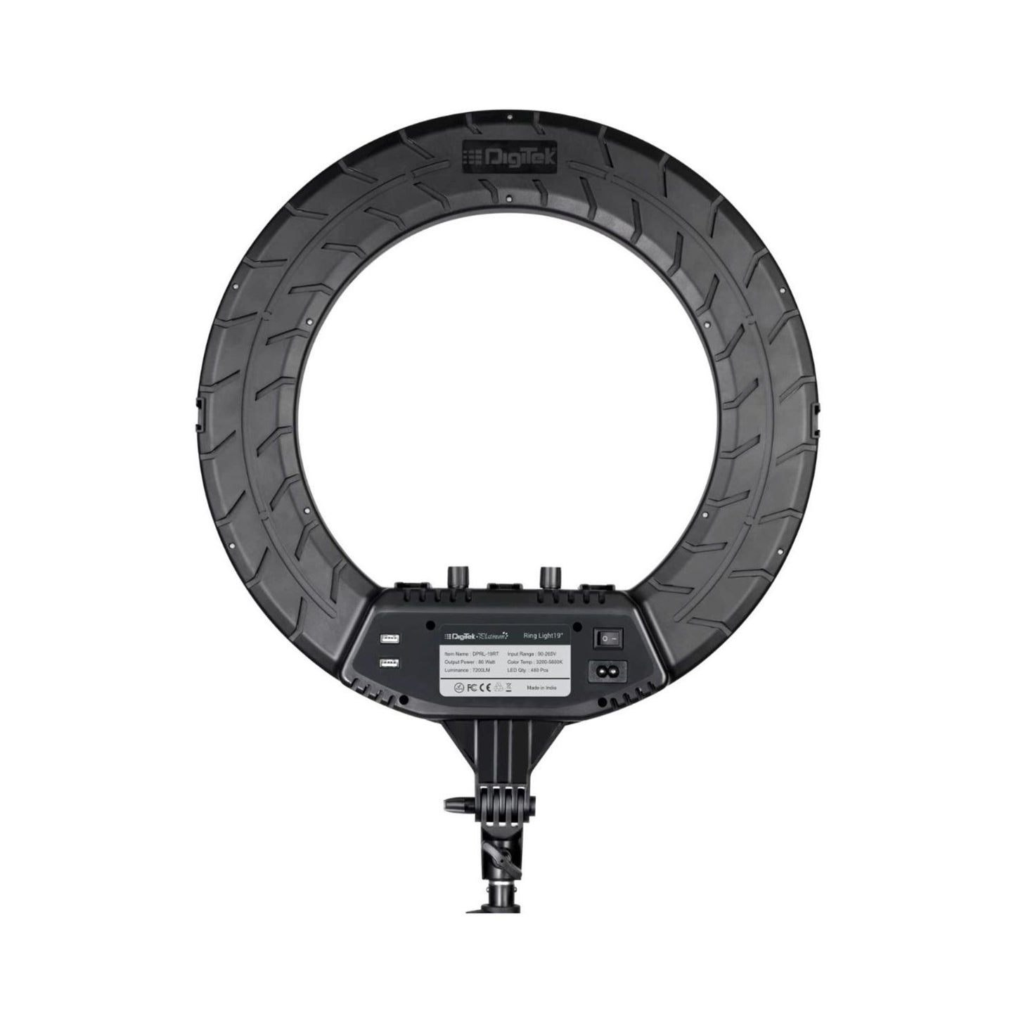LED ring light rear view with black control panel and tripod mount base