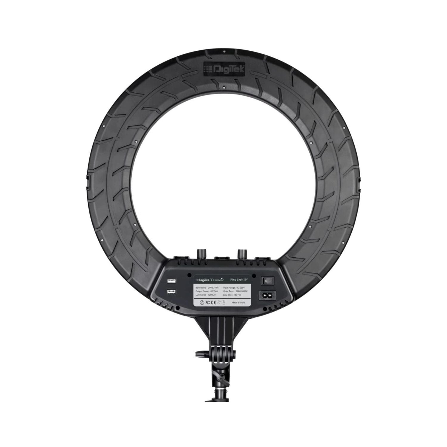 LED ring light rear view with black control panel and tripod mount base