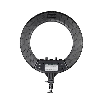 LED ring light rear view with black control panel and tripod mount base