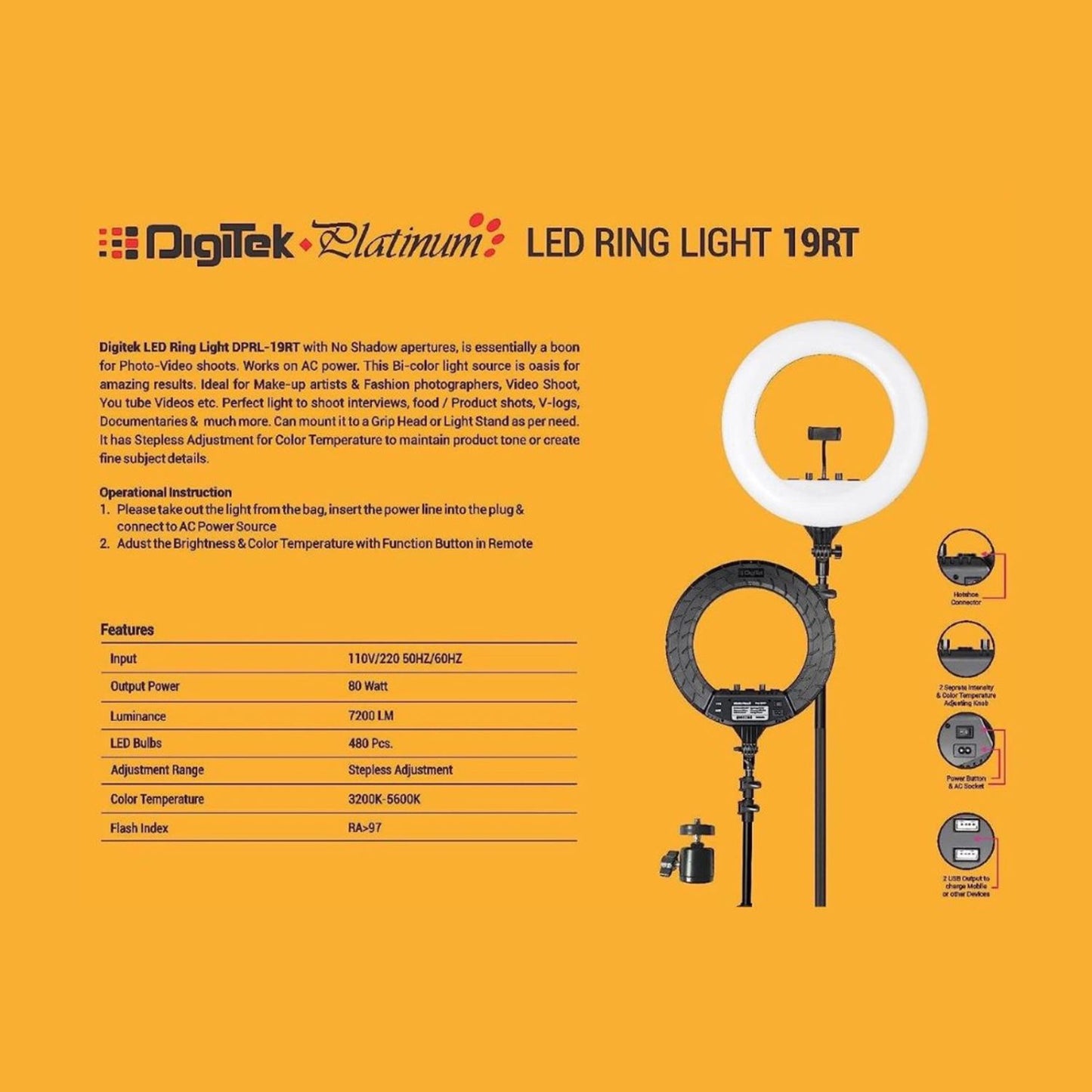 Digitek Platinum LED ring light diagram with ring, stand, and remote highlights