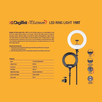 Digitek Platinum LED ring light diagram with ring, stand, and remote highlights