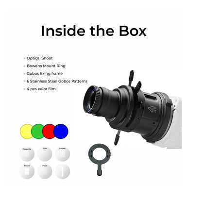 DS-240 Kit: optischer Snoot, Bowens-Mount-Ring, Gobos und Farbfolien