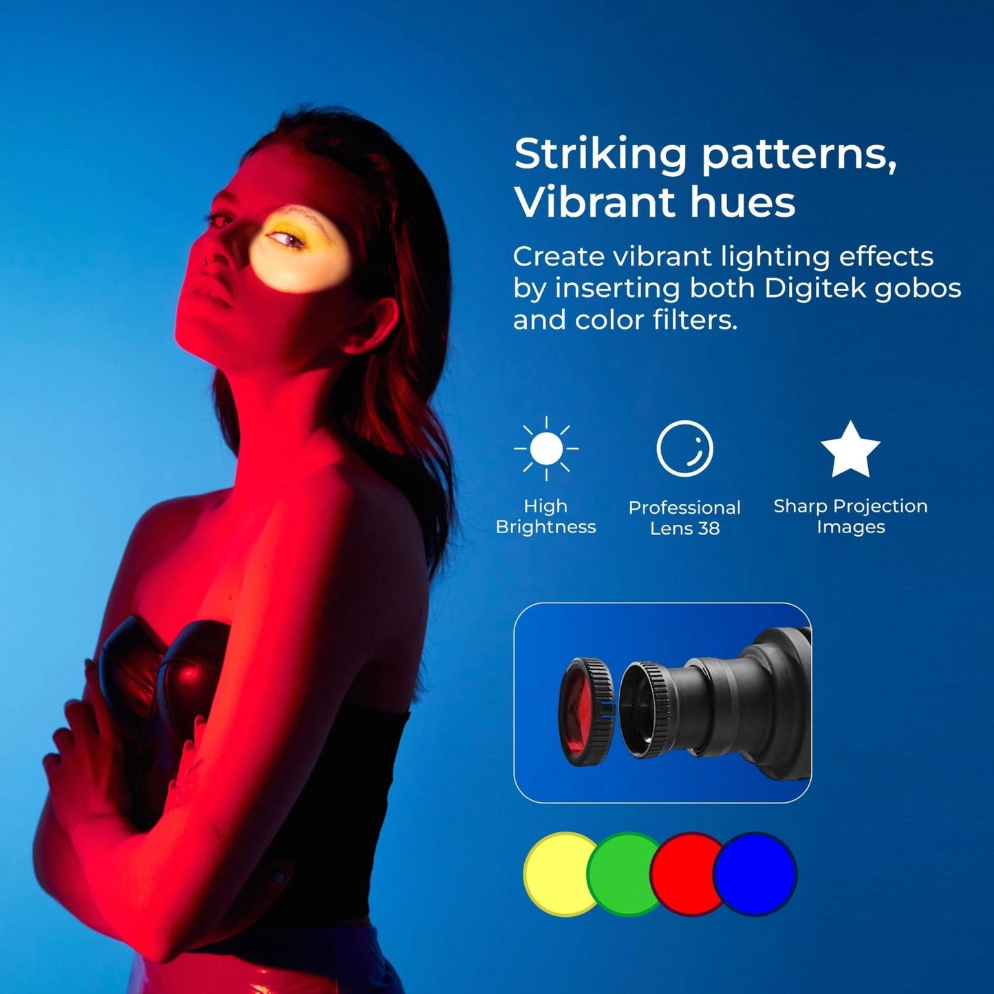 Optischer Snoot mit Gobo und Farbfiltern, Lichtprojektionen im Kreisformat