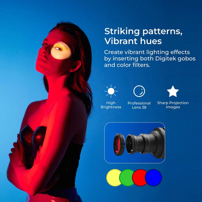 Optischer Snoot mit Gobo und Farbfiltern, Lichtprojektionen im Kreisformat