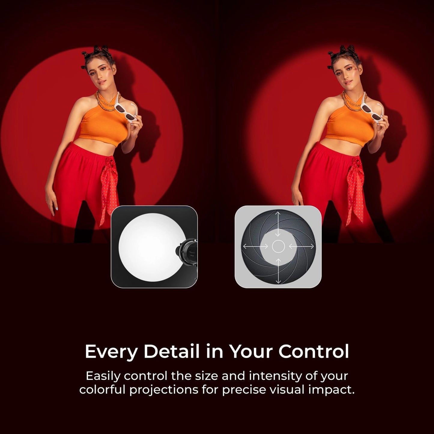 Optischer Snoot mit Gobo-Projektion, kreisförmiges Lichtmuster auf Fläche