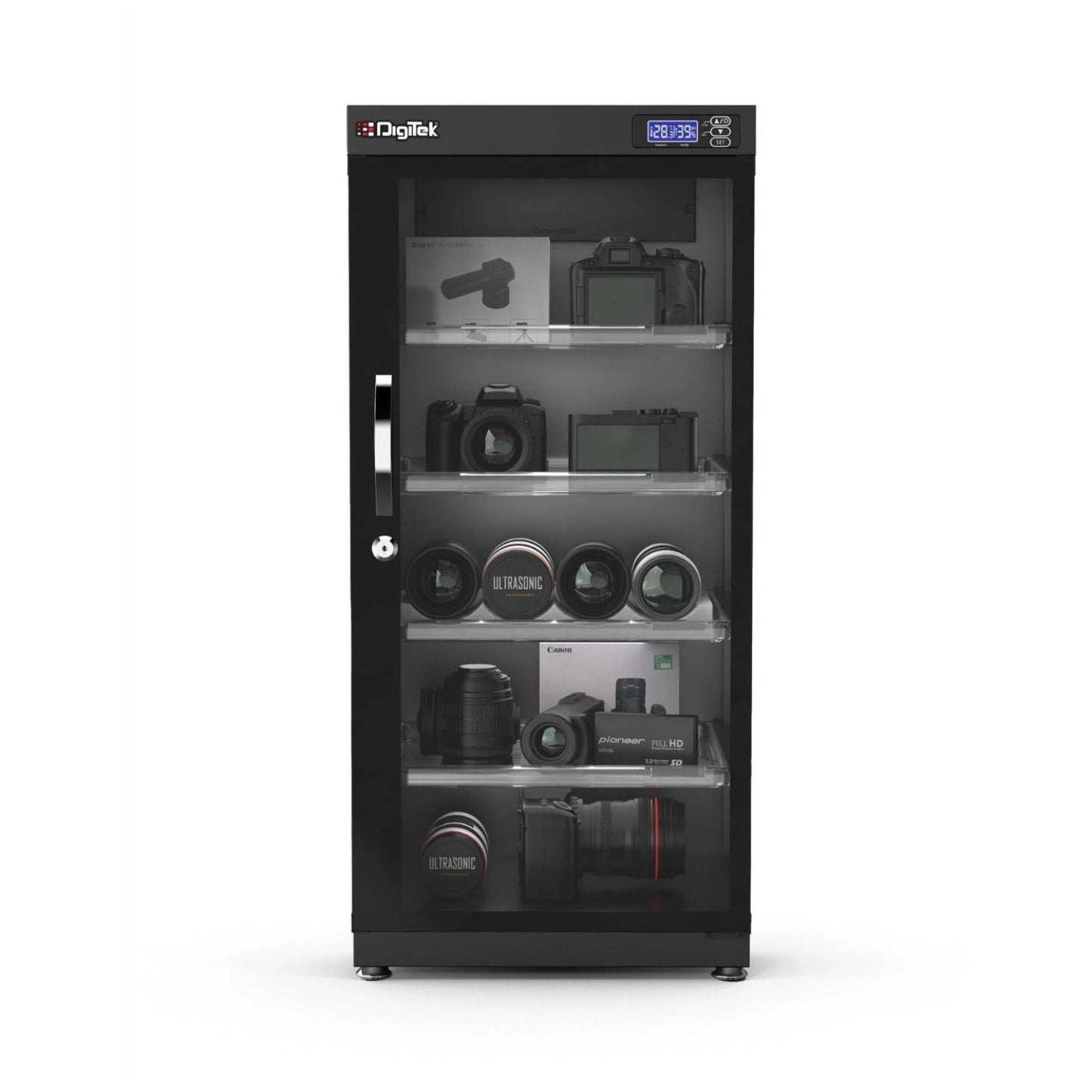Dry cabinet with digital display and humidity controller, glass door, shelves