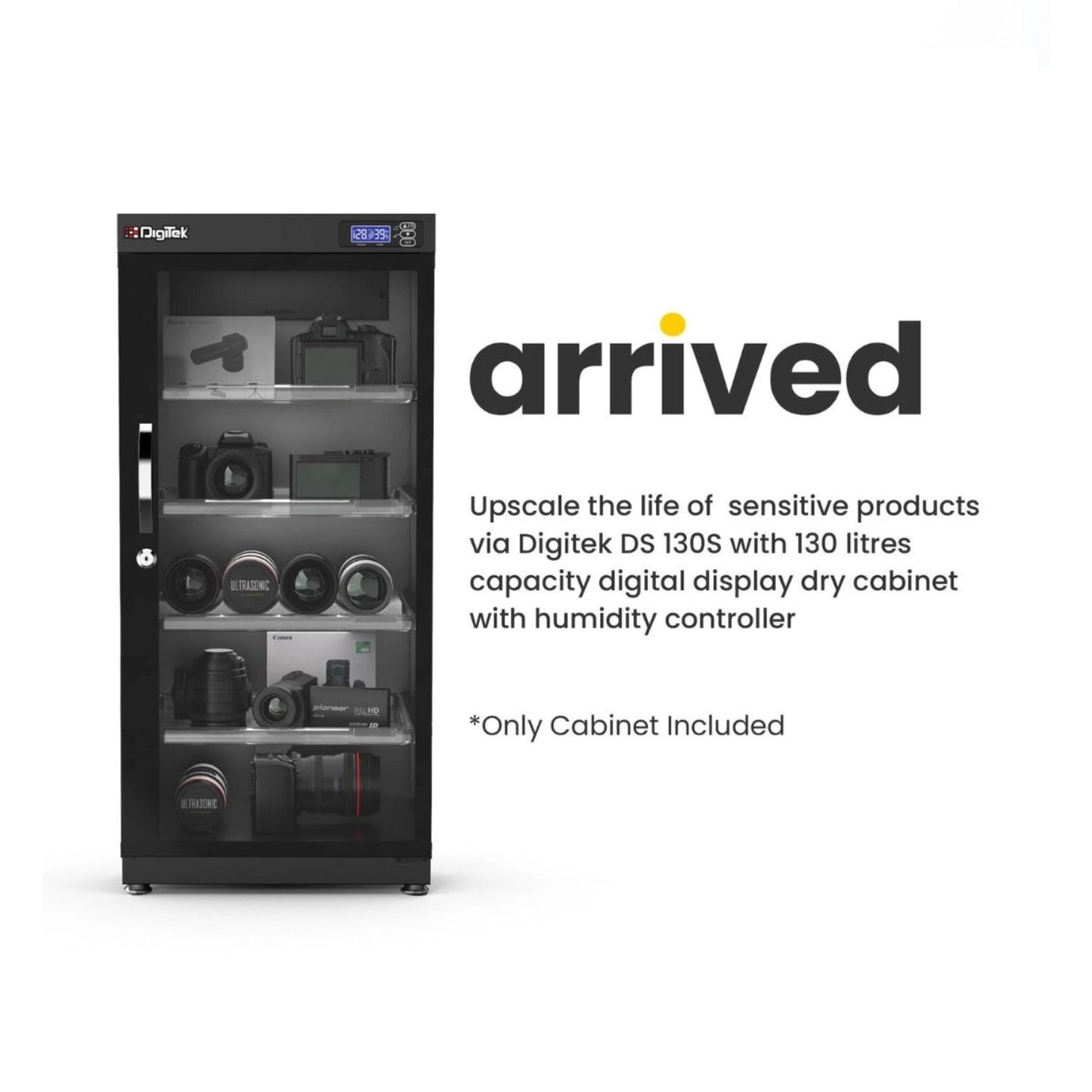 Dry cabinet front view with digital humidity display and glass door