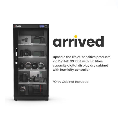 Dry cabinet front view with digital humidity display and glass door