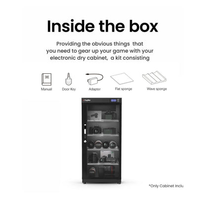 Dry cabinet with included items shown: door key, adapter, flat and wave sponges