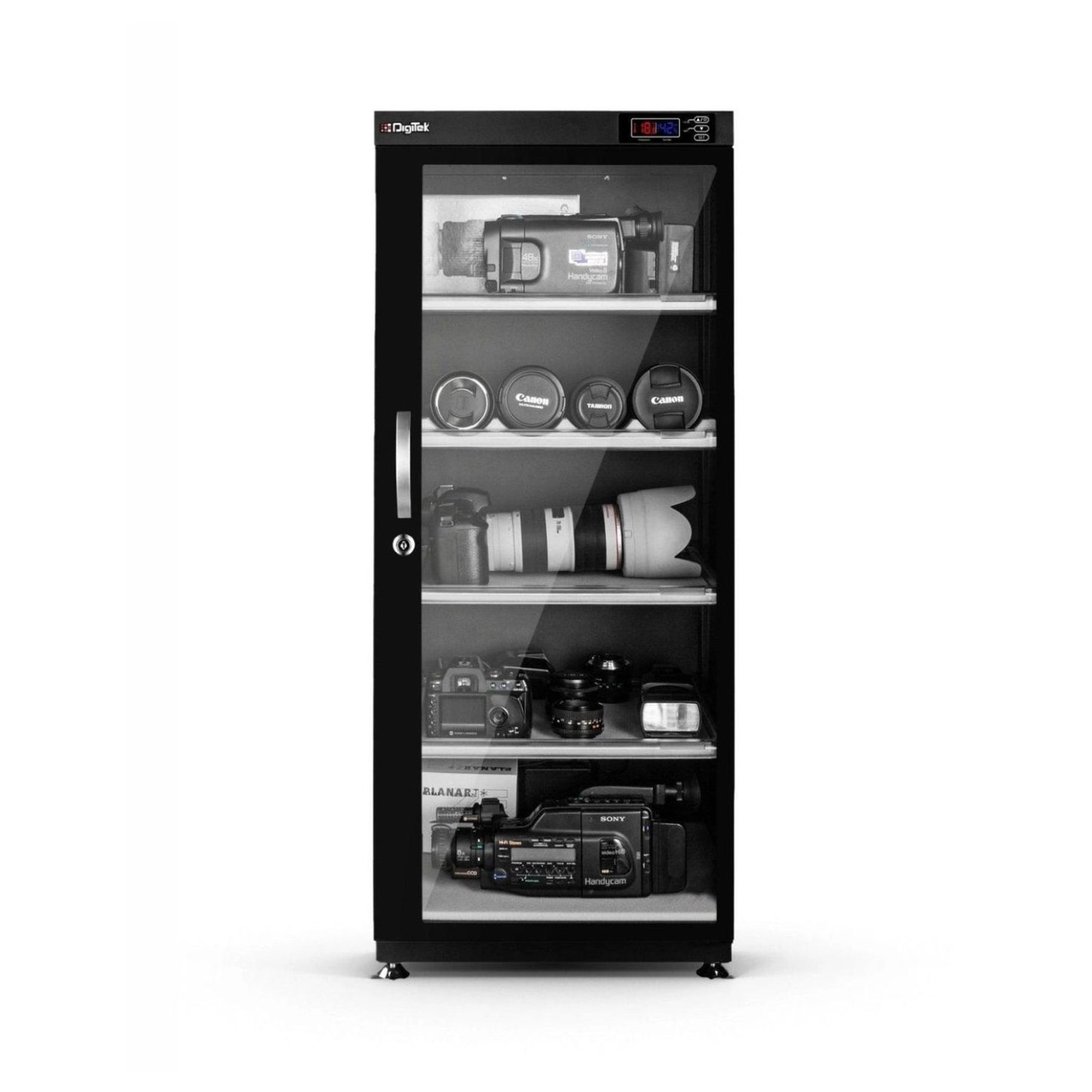 Digital dry cabinet 165L with glass door, humidity display, front shelves visible