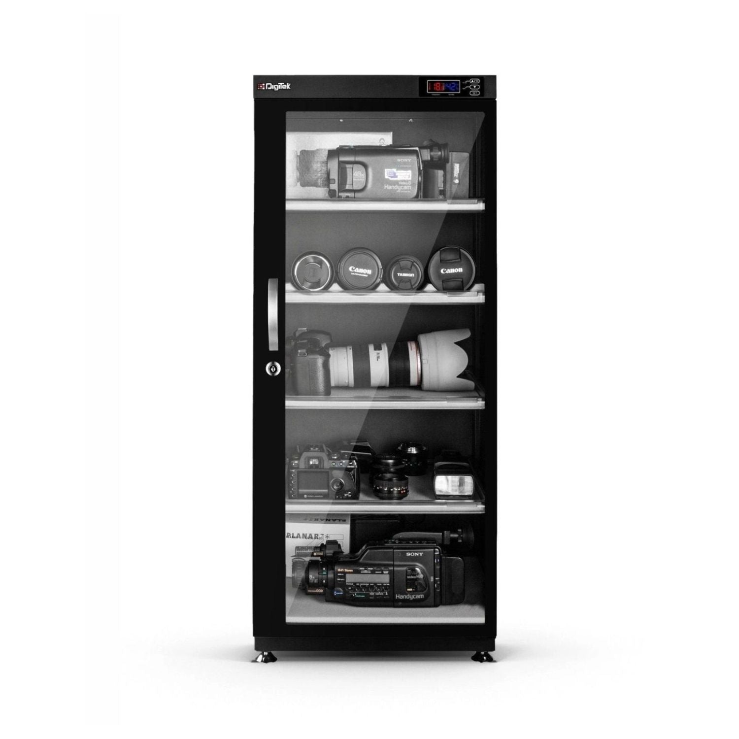 Digital dry cabinet 165L with glass door, humidity display, front shelves visible