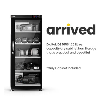 Digital dry cabinet 165L with humidity controller and glass door, upright front view