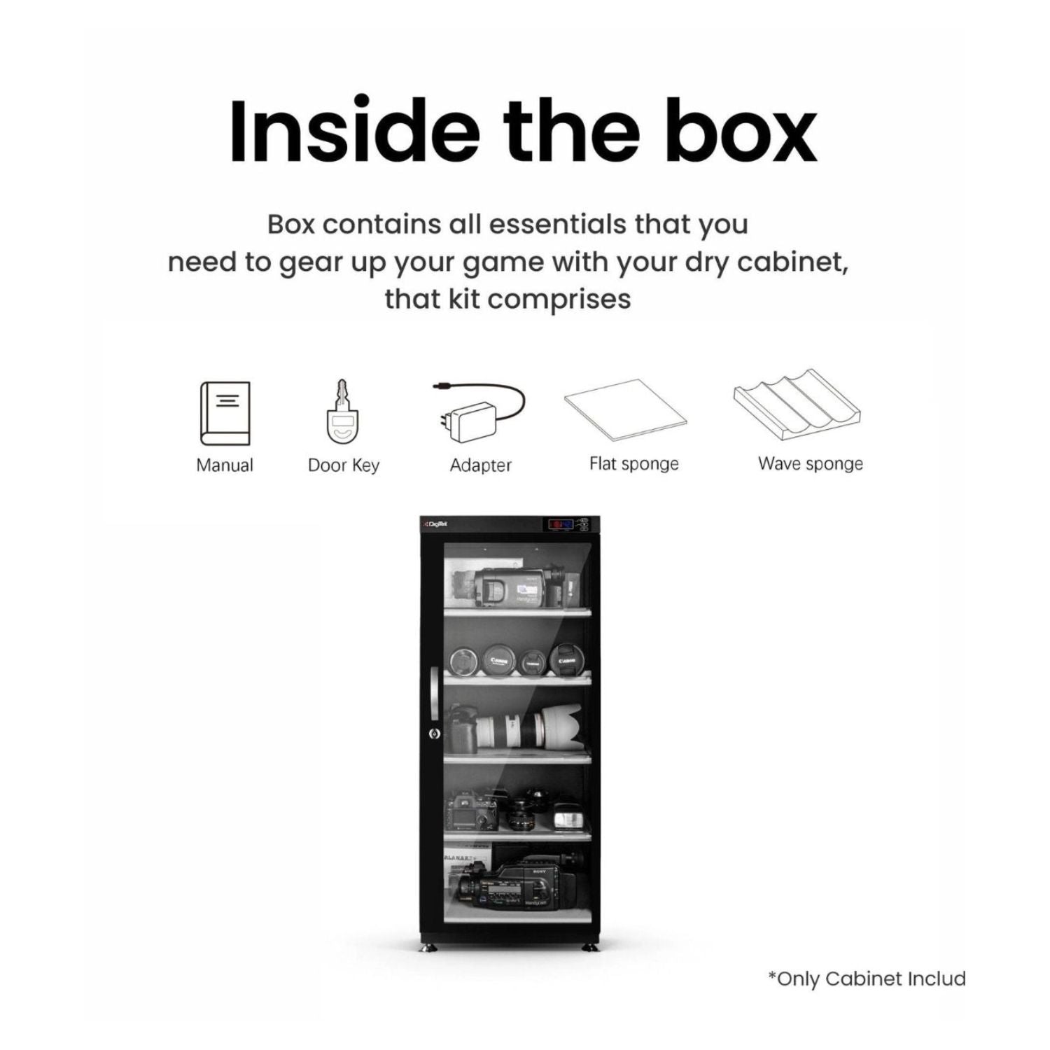 165L dry cabinet with humidity controller, internal shelves visible through glass door