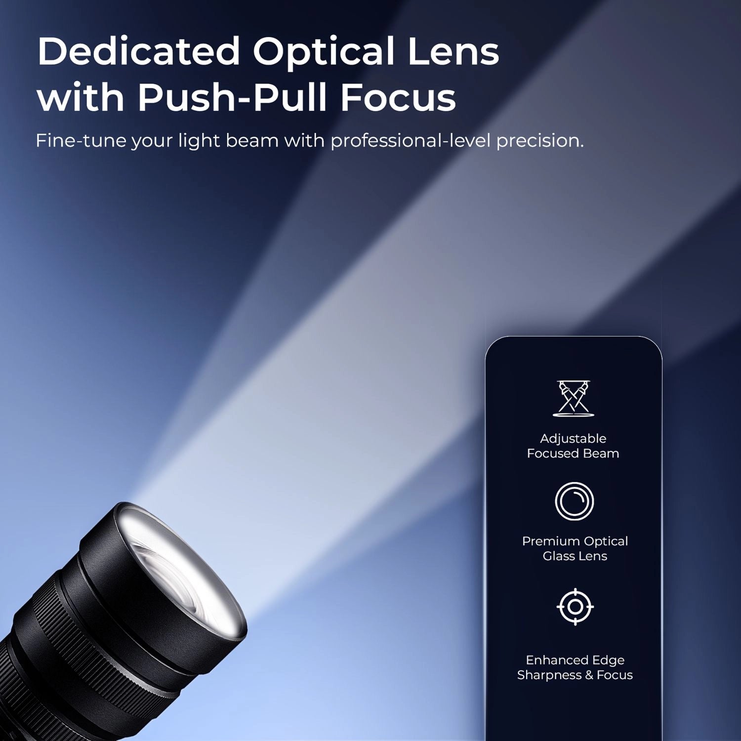 Torch-Projektor mit Push-Pull Fokusring und Glaslinse am Snoot-Kopf