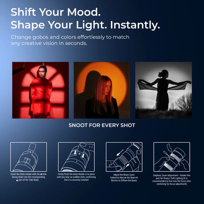 Snoot-Projektor mit Gobo- und Farbfilter-Symbolen für Lichtmuster