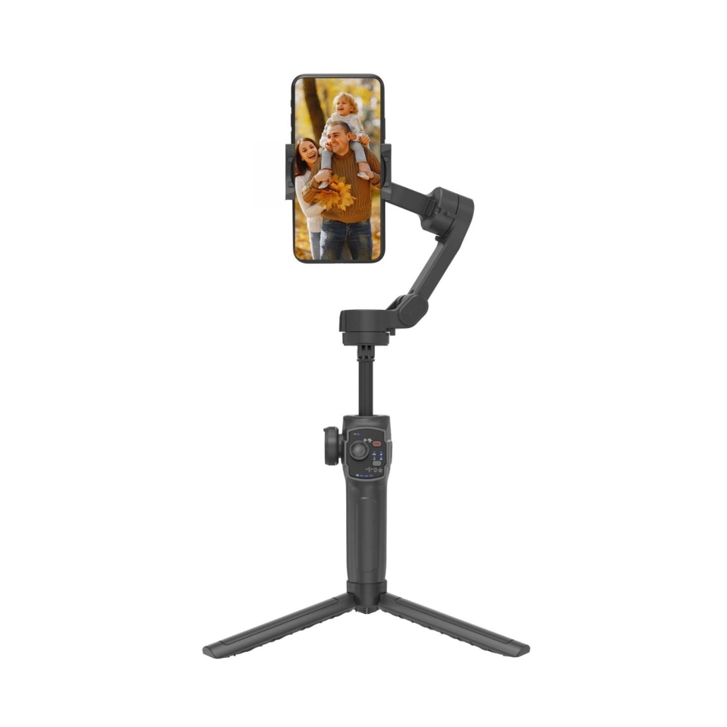 Foldable 3-axis smartphone gimbal with extendable telescopic rod and tripod base