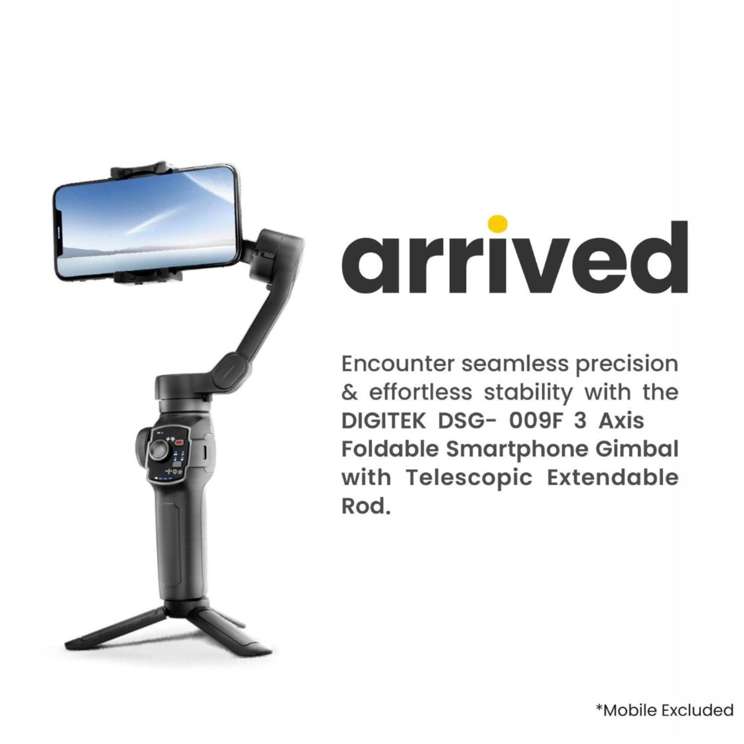 3-axis smartphone gimbal with phone clamp on tilting arm, compact foldable body