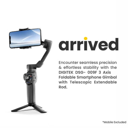 3-axis smartphone gimbal with phone clamp on tilting arm, compact foldable body