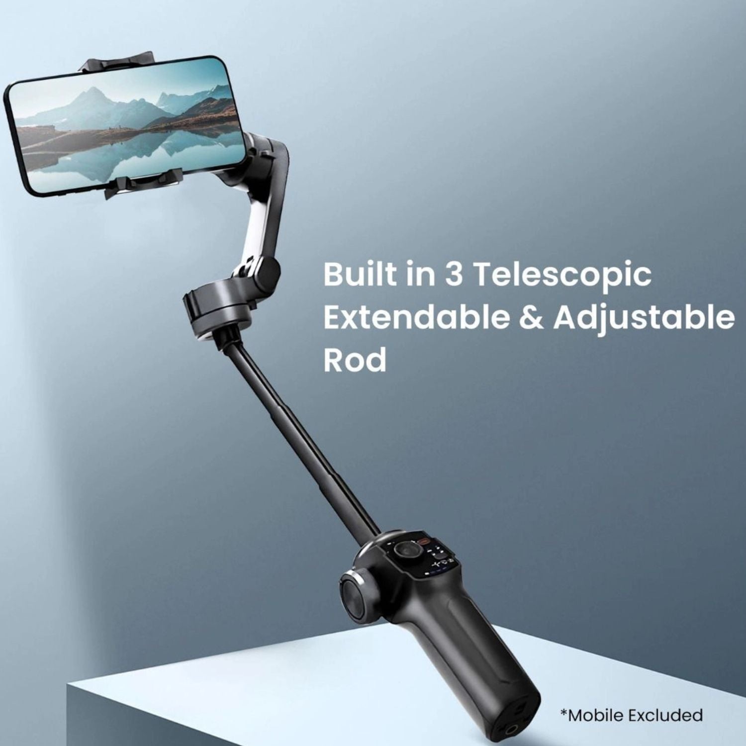 Smartphone gimbal with extended telescopic rod and 3-axis stabilizing head