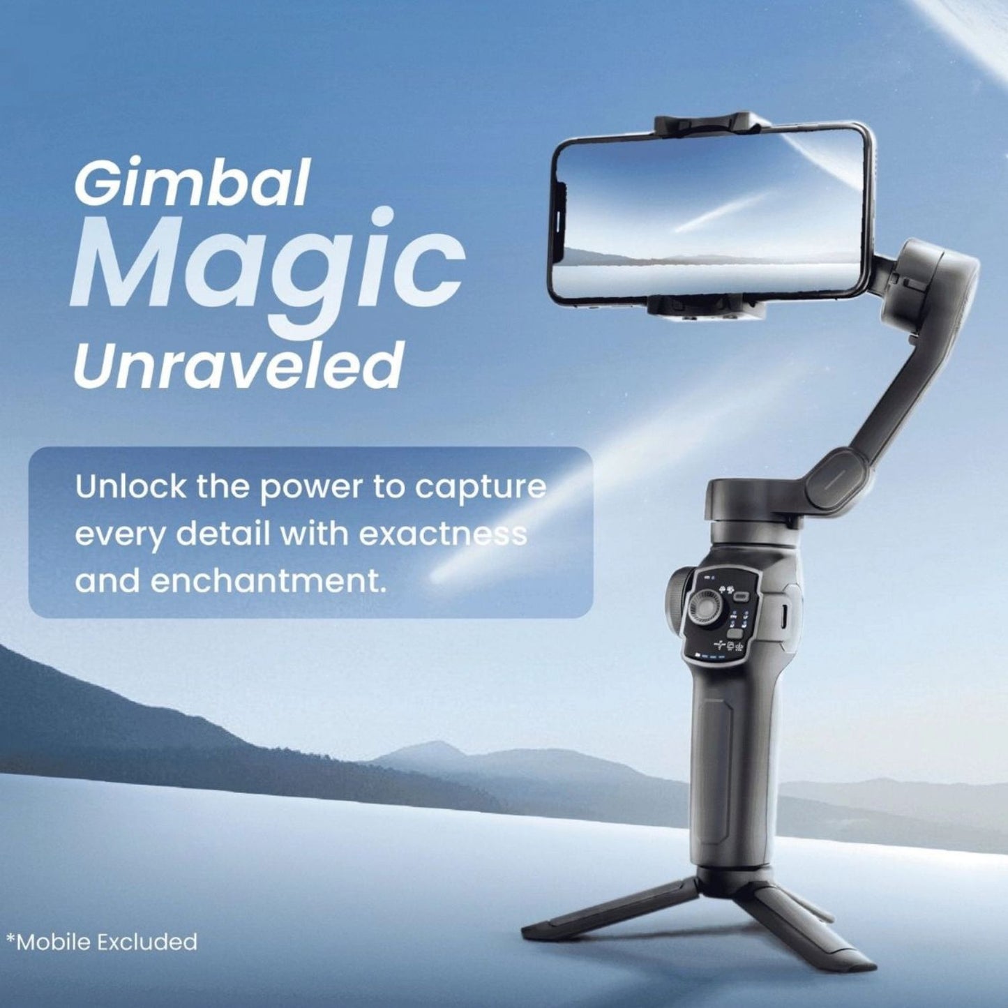 Smartphone gimbal on tripod with mounted phone and control buttons on handle