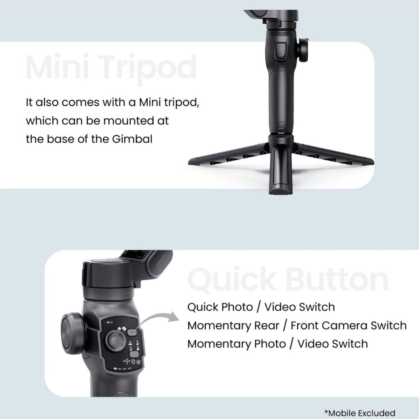 Mini tripod base and gimbal handle with phone clamp attachment