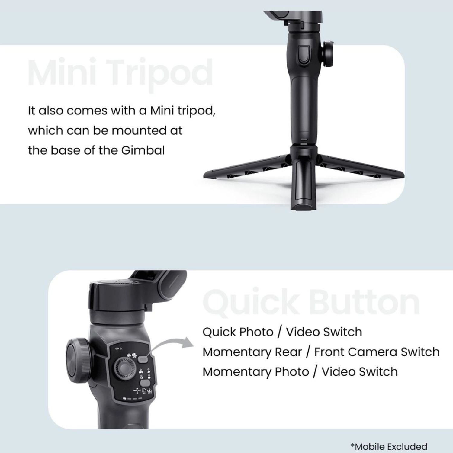 Mini tripod base and gimbal handle with phone clamp attachment