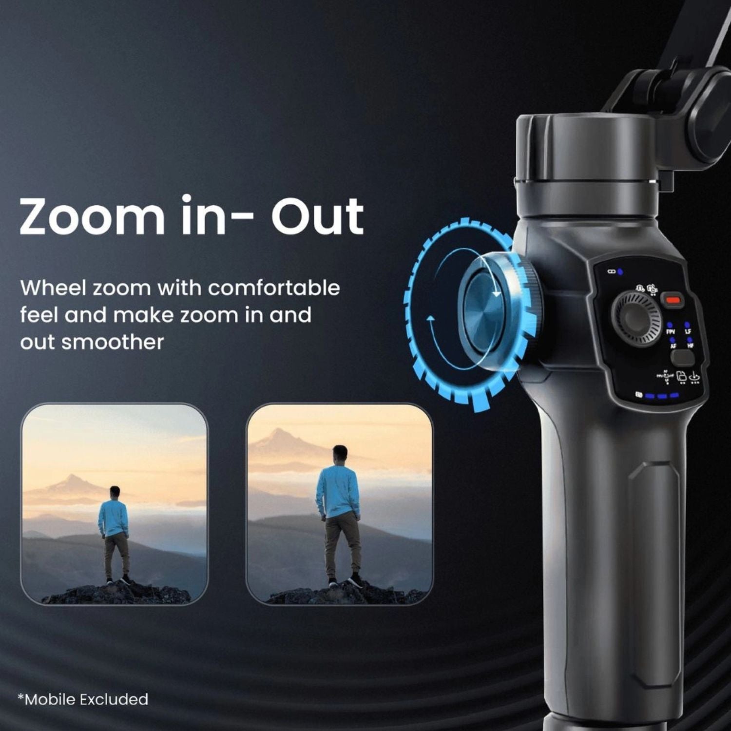3-axis gimbal head with zoom wheel dial and control panel on handle