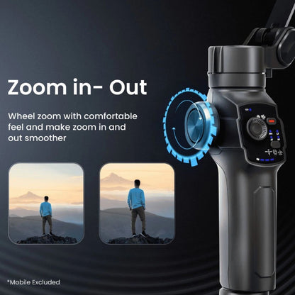 3-axis gimbal head with zoom wheel dial and control panel on handle