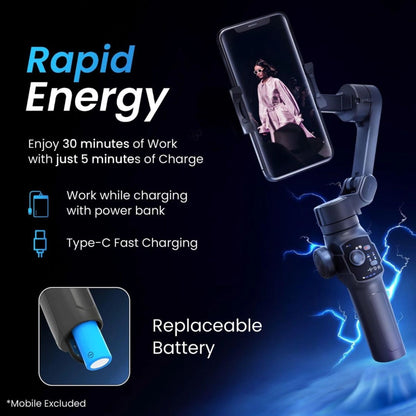 Smartphone gimbal with phone mounted and LED control panel on handle