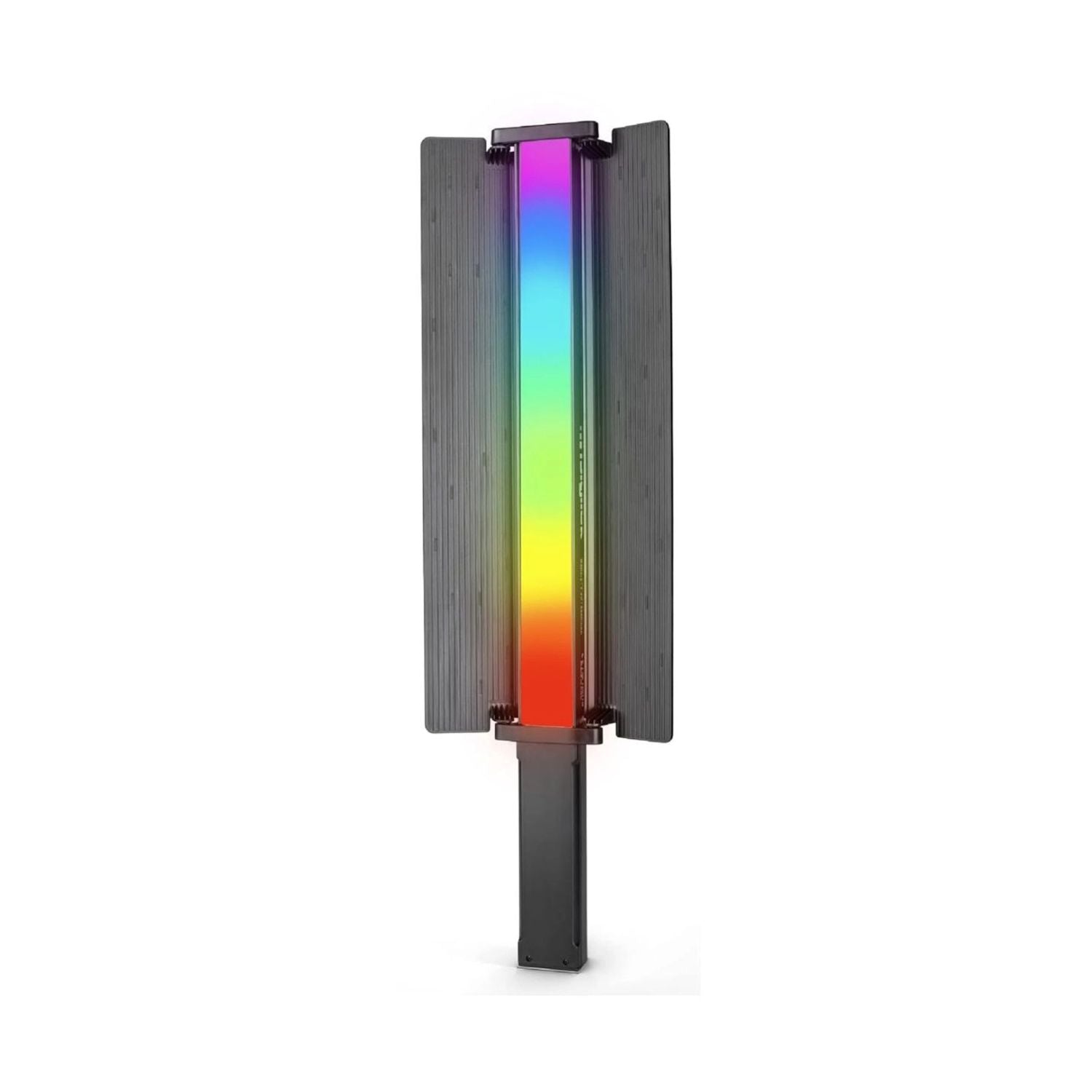 Portable RGB LED stick light with gray side fins, vertical multi-color beam
