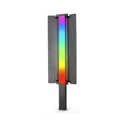 Portable RGB LED stick light with gray side fins, vertical multi-color beam