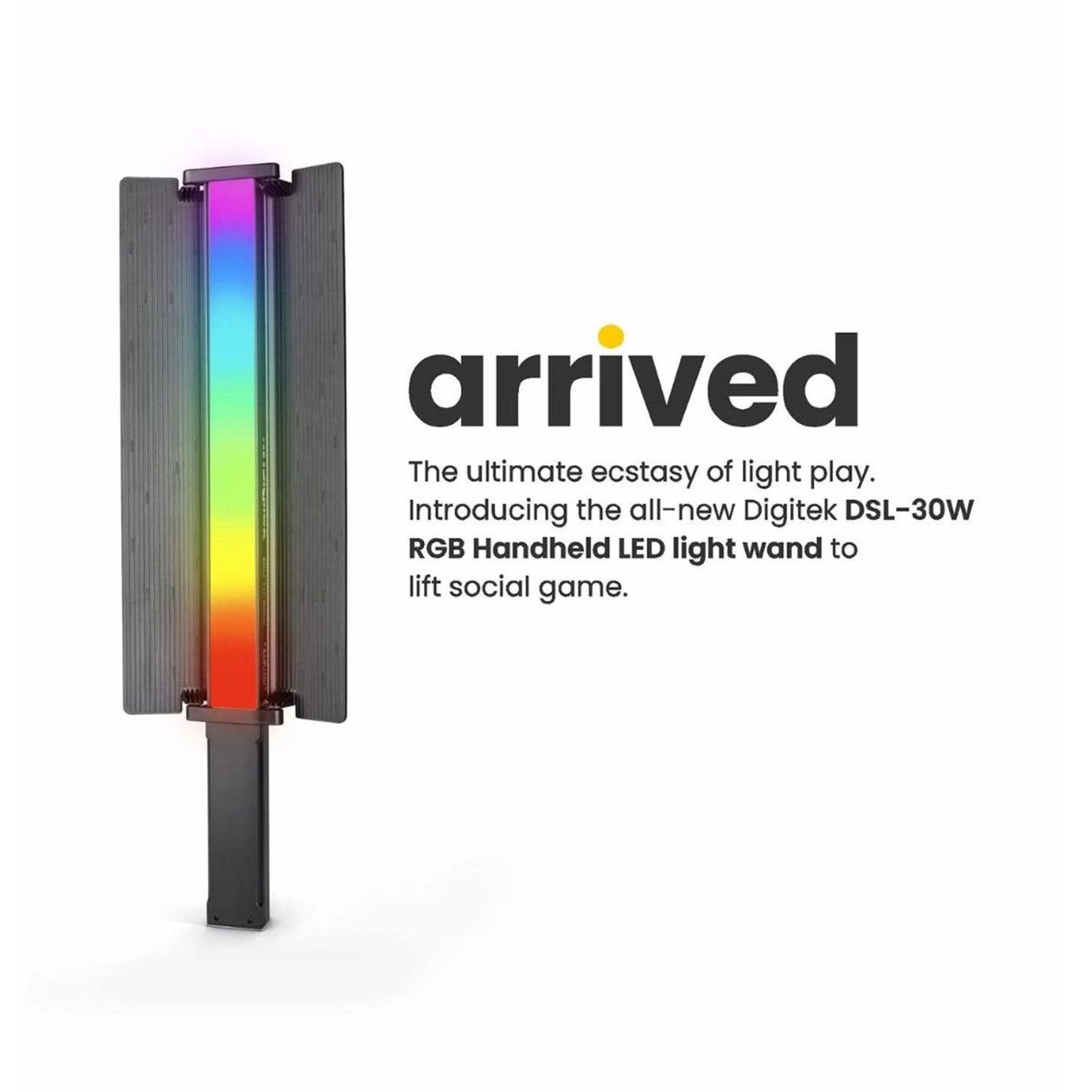 Digitek RGB handheld LED light, vertical rainbow glow between gray fins