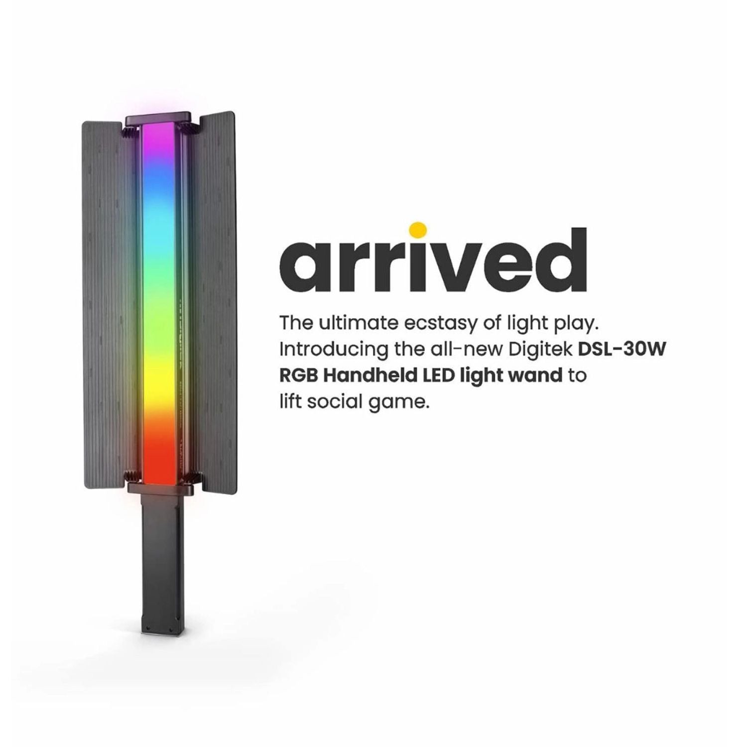 Digitek RGB handheld LED light, vertical rainbow glow between gray fins