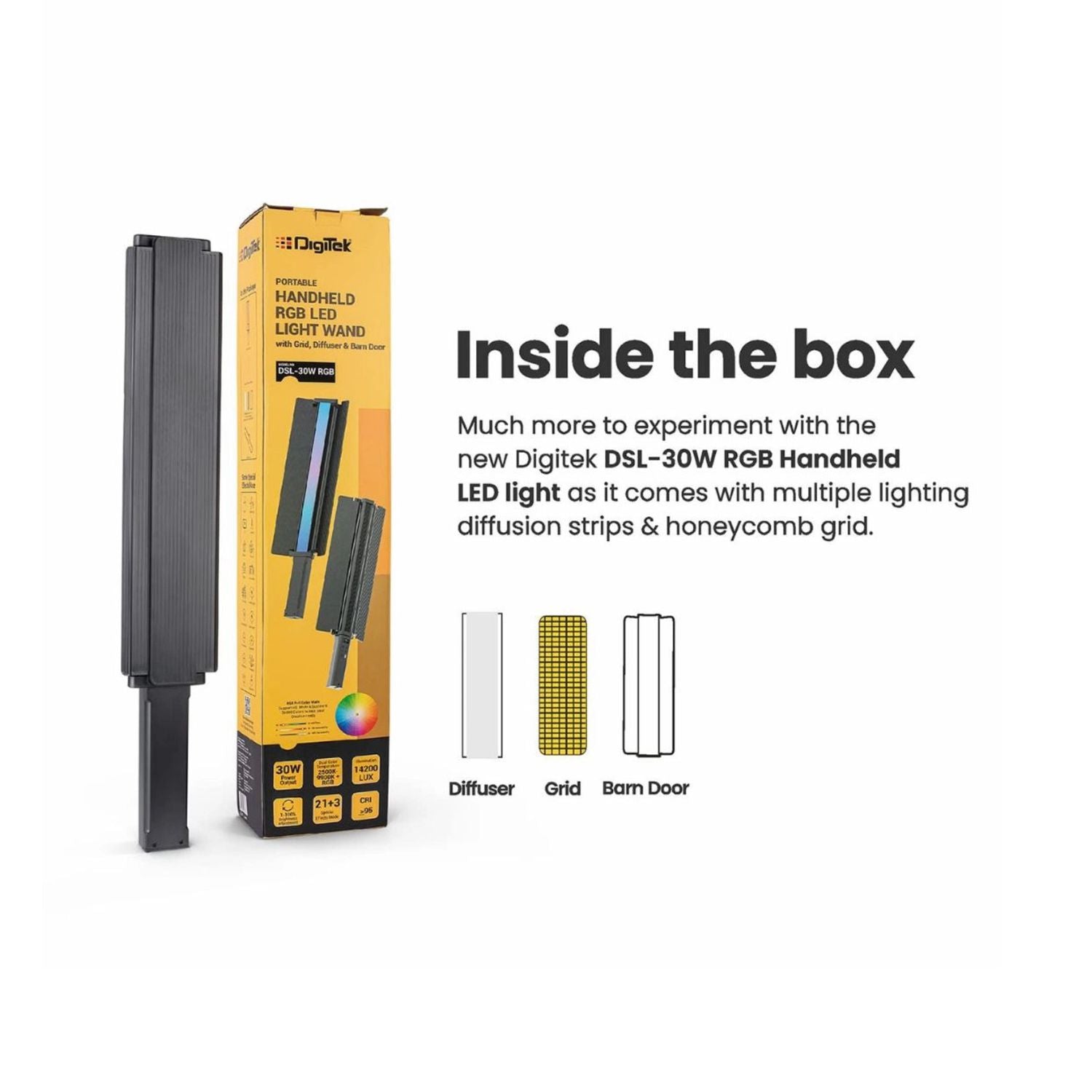 RGB handheld LED light wand and product box, gray fin housing
