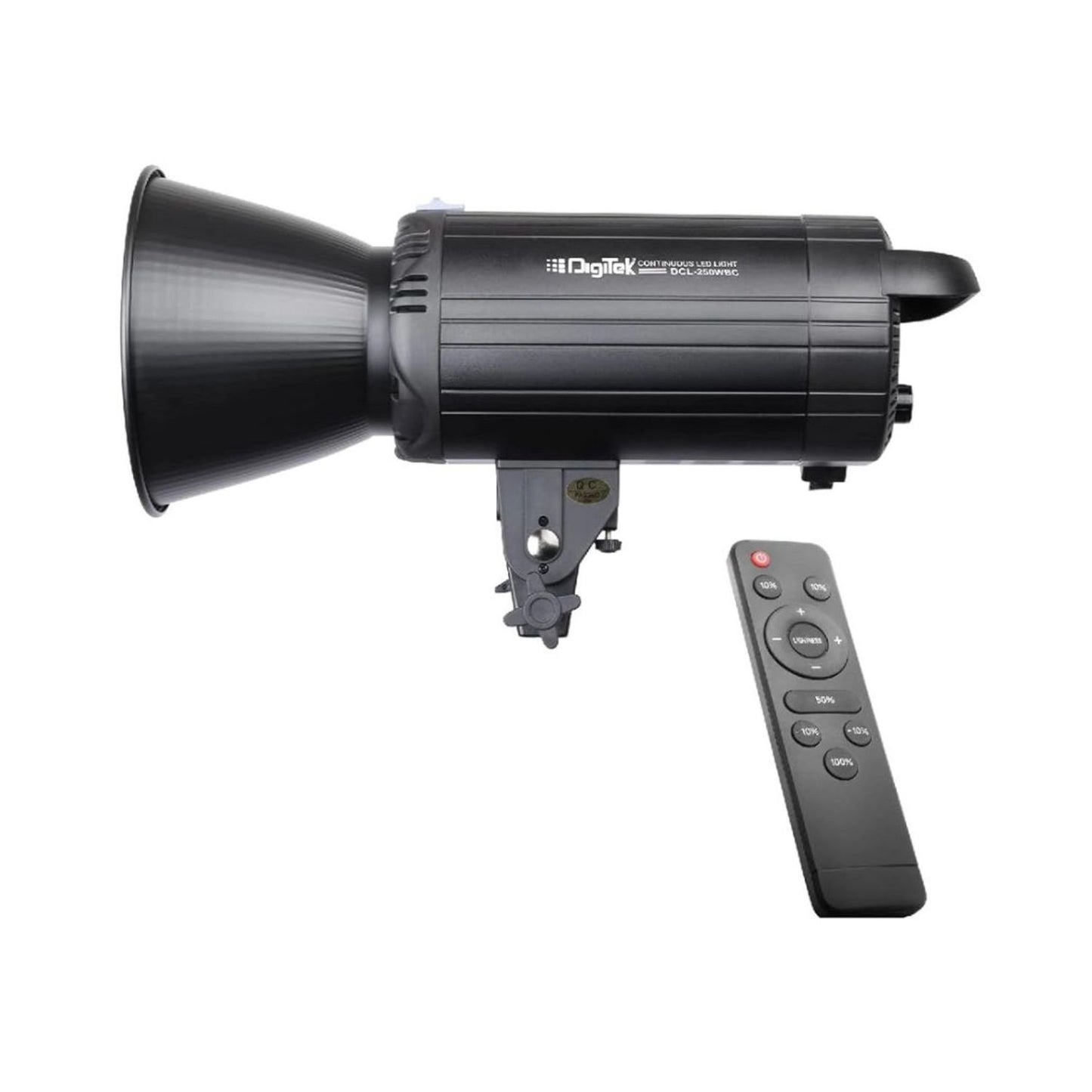 Black RGB handheld LED light with angled reflector and wireless remote