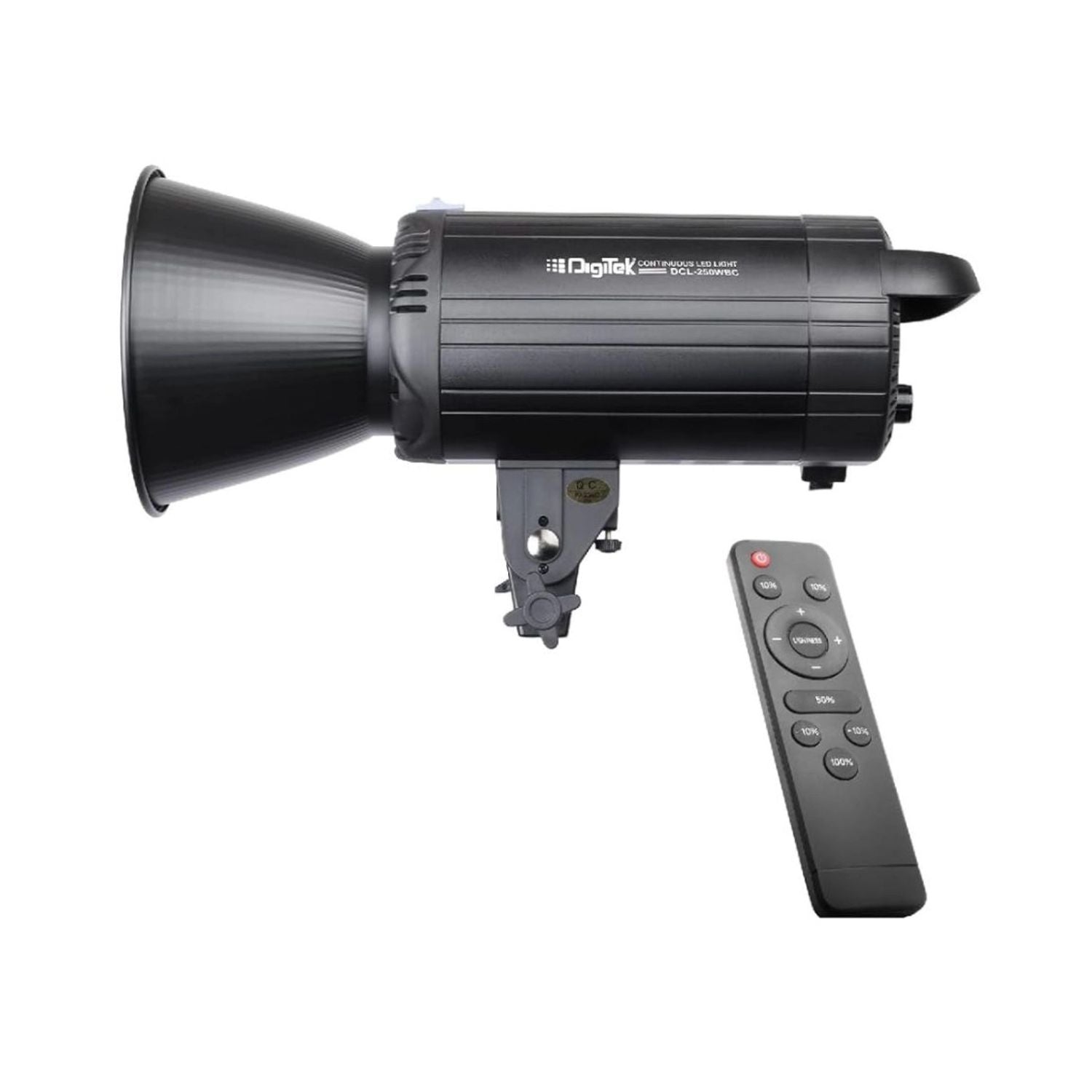 Black RGB handheld LED light with angled reflector and wireless remote