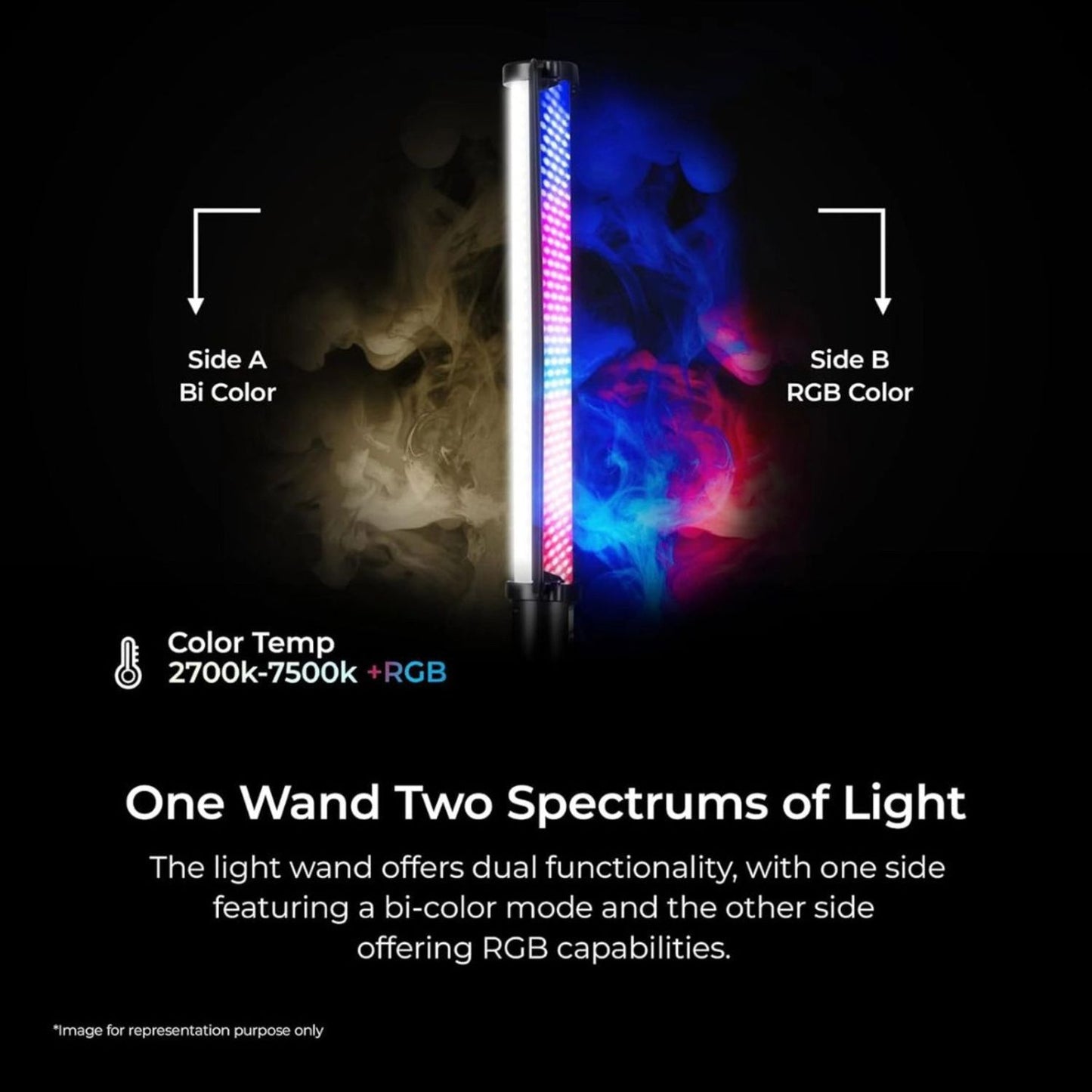 Dual-spectrum LED wand: bi-color side A and RGB side B, 2700–7500K