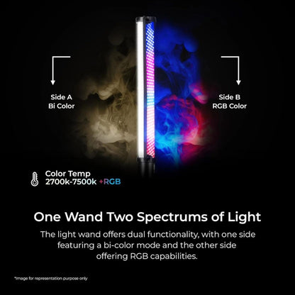 Dual-spectrum LED wand: bi-color side A and RGB side B, 2700–7500K