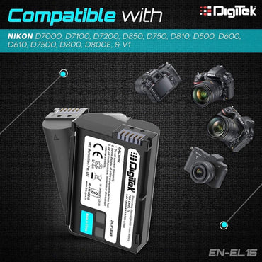 Digitek EN-EL15 battery with contact pins and side terminals
