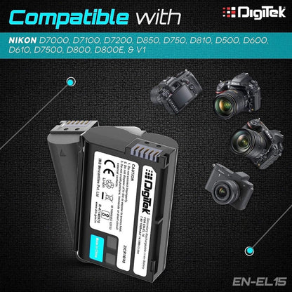 Digitek EN-EL15 battery with contact pins and side terminals