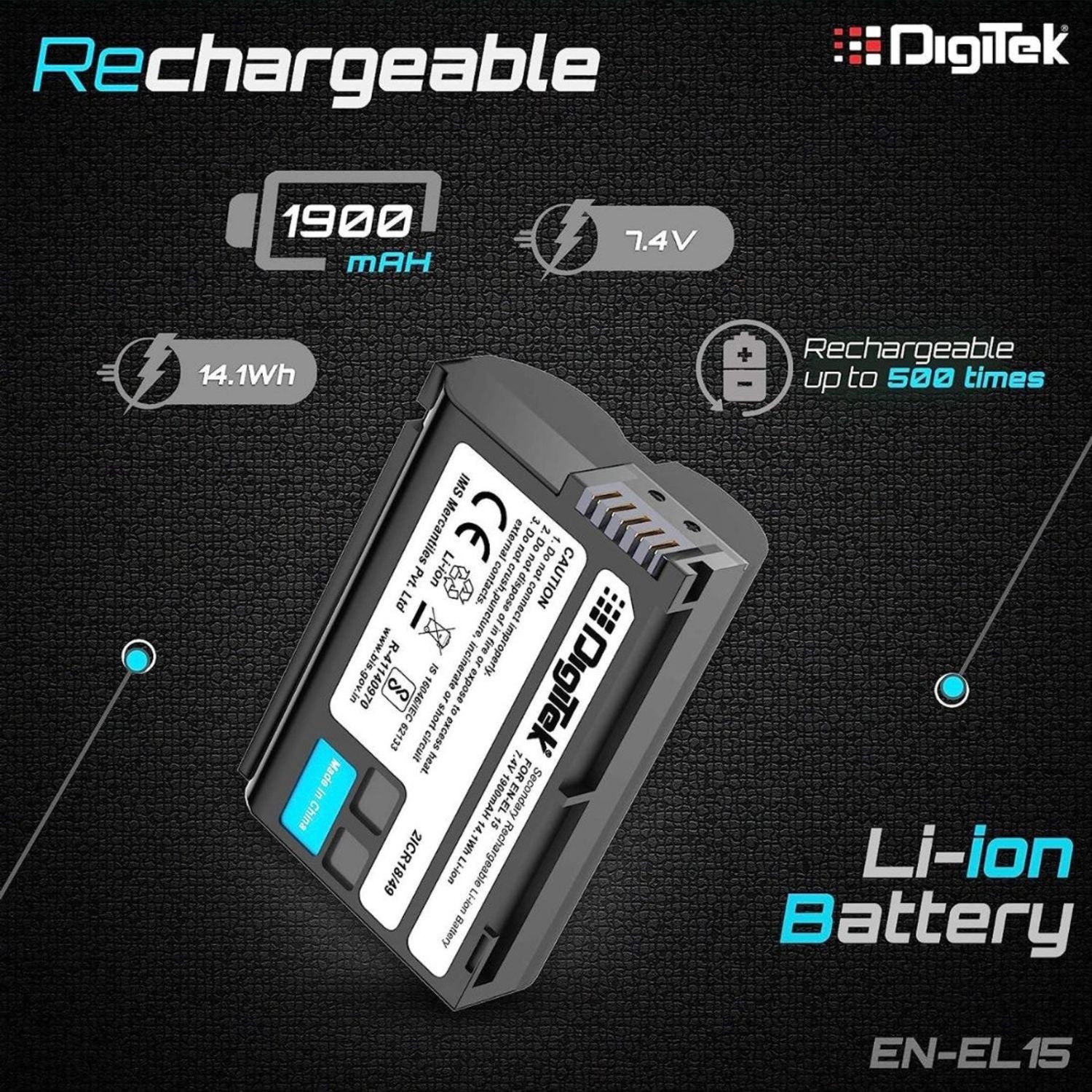 EN-EL15 1900mAh rechargeable Li-ion battery, 7.4V, labeled