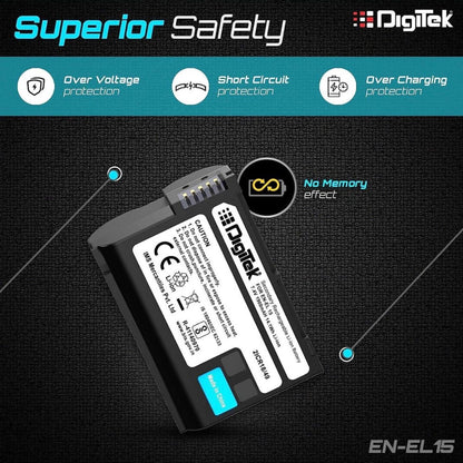 EN-EL15 rechargeable battery with protection icons and contact terminals