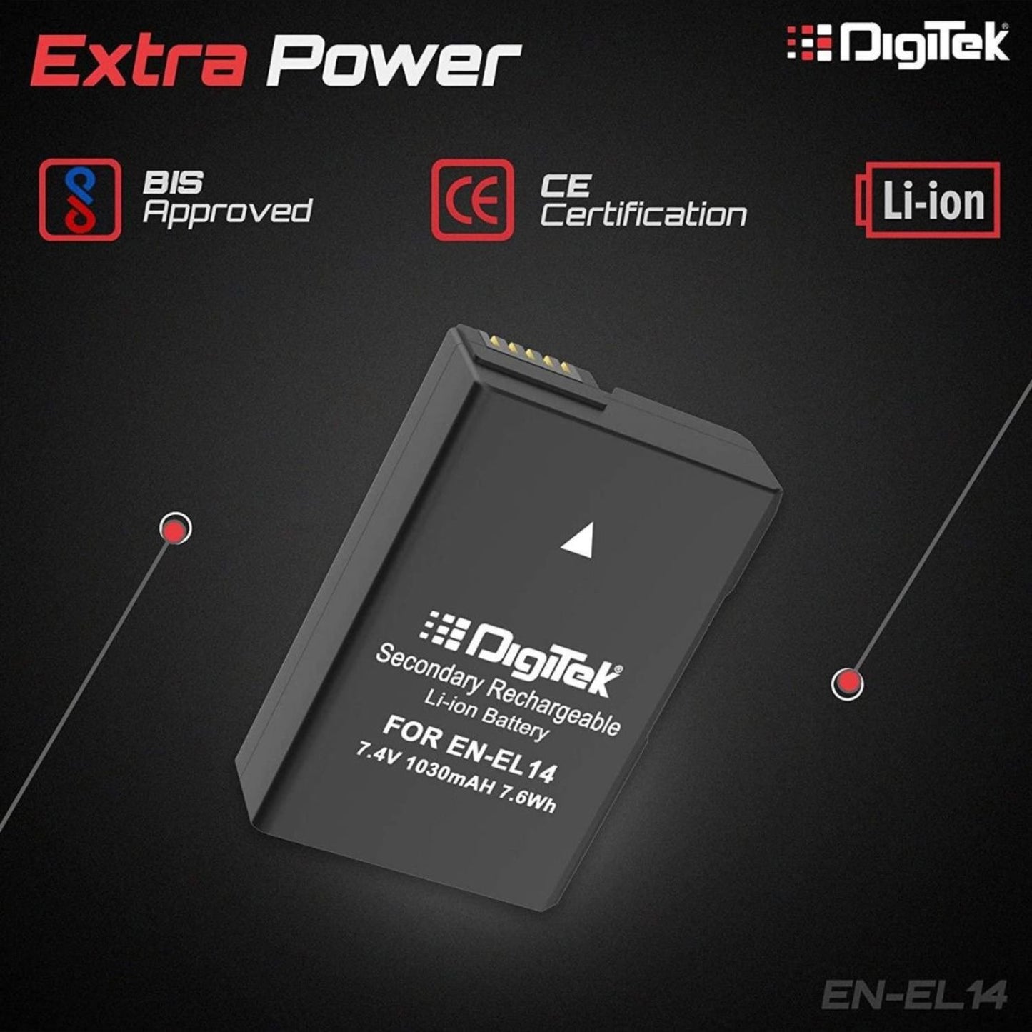 Digitek EN-EL14 Li-ion rechargeable battery at angle, 1030mAh and CE marks