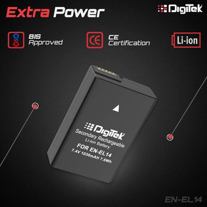 Digitek EN-EL14 Li-ion rechargeable battery at angle, 1030mAh and CE marks