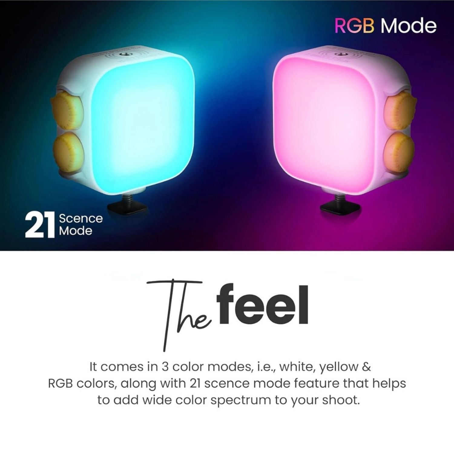 RGB-LED-Videoleuchte mit blauer und rosa Beleuchtung, seitliche Knöpfe sichtbar