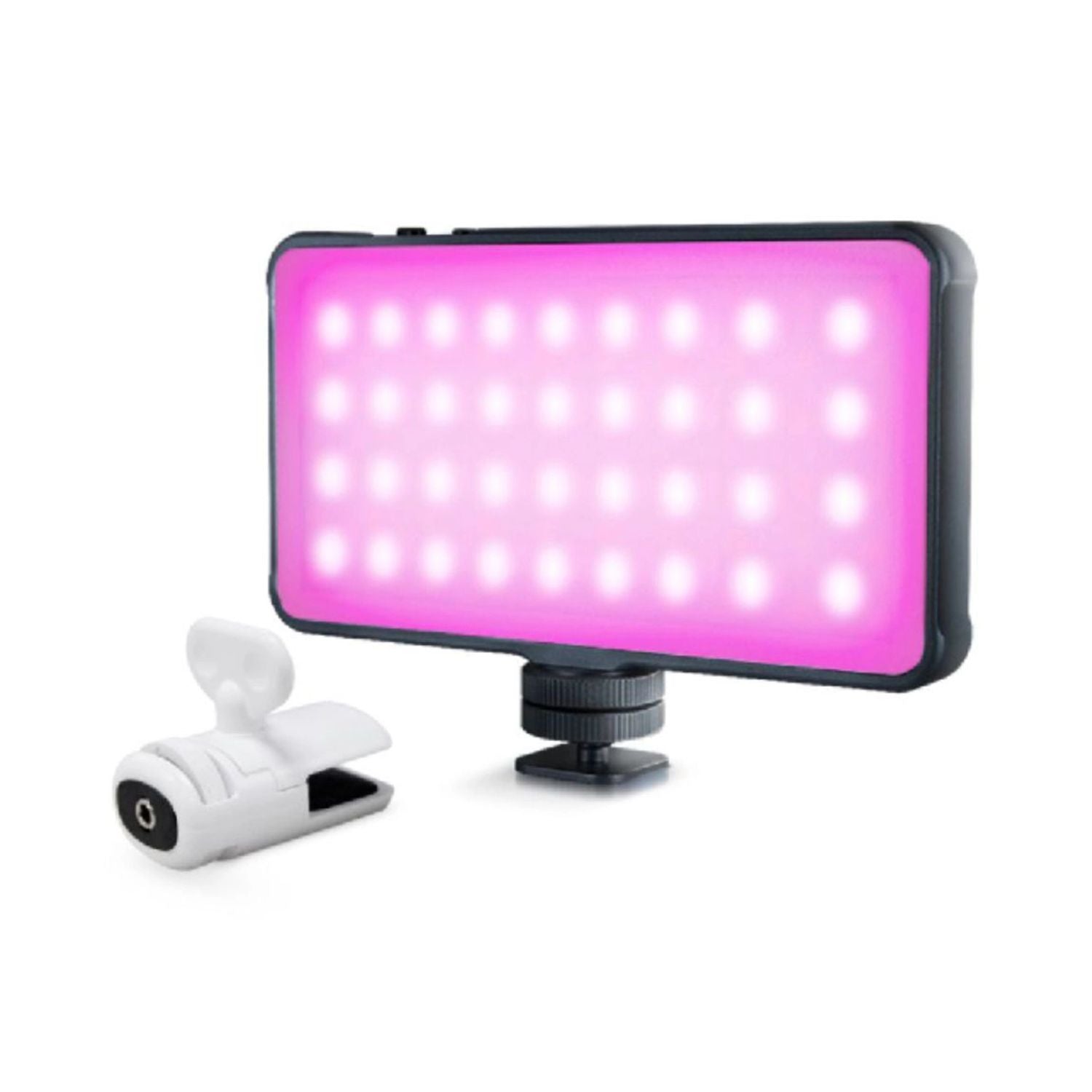 Portable LED video light panel with stand and white phone clamp attachment